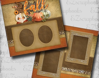 Puede incluir: Una plantilla de álbum de recortes digital con un tema otoñal. La plantilla presenta dos marcos de fotos, un gnomo con un sombrero de calabaza y la palabra "otoño" en una fuente decorativa. La plantilla tiene un esquema de color marrón, naranja y beige.