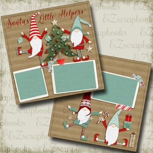 May include: A digital scrapbook paper design featuring a brown background with a white and gray pattern. The paper has a festive Christmas theme with a red and white striped hat, a green Christmas tree, and four gnomes with red and white hats and beards. The text "Santa's Little Helpers" is written in red at the top of the paper.