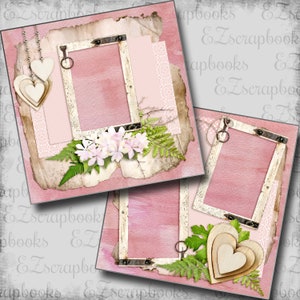 May include: Three digital scrapbook paper frames with a pink background. The frames are white with a distressed look and have a rustic feel. The frames are decorated with flowers, leaves, and hearts. The frames are perfect for adding photos or other embellishments to your scrapbook pages.
