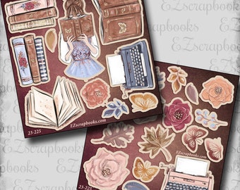 May include: A digital scrapbook paper set with a vintage aesthetic featuring a woman reading a book, a typewriter, flowers, leaves, and books. The paper set includes the text "EZscrapbooks.com" and "23-225".