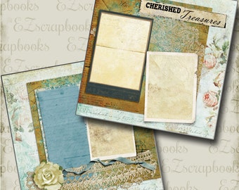 May include: A vintage scrapbook page template with a blue, brown, and white color scheme. The page features a large rectangle for a photo, a smaller rectangle for a photo, and a space for journaling. The text "CHERISHED Treasures" is printed at the top of the page.