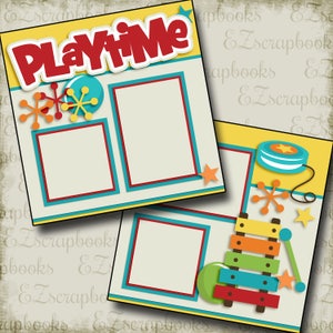 May include: A digital scrapbook template with a yellow background and the text "Playtime" in red and white. The template has two photo frames with a red, white, and blue border. The template also includes various colorful illustrations of toys, including a xylophone, a yo-yo, and a ball.