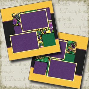 May include: A digital scrapbook template with a yellow background, purple and green accents, and two photo frames. The template features a Mardi Gras theme with images of beads, masks, and musical instruments.