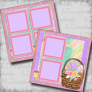 May include: A digital scrapbook template with a pastel pink, green, and yellow striped background. The template has four photo frames with a purple background and a basket of colorful Easter eggs.