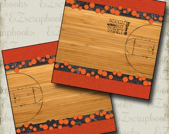 Pode incluir: Duas folhas de papel de scrapbooking imprimíveis com um design de quadra de basquete. A folha superior tem um aro de basquete com o texto "NOTHIN' BUT NET!" A folha inferior tem uma quadra de basquete com um aro de basquete. Ambas as folhas têm uma borda de bolas de basquete laranja sobre um fundo preto e branco.