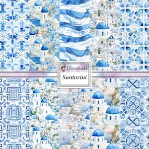 May include: A digital paper pack with 10 seamless patterns featuring blue and white watercolor designs of Greek architecture, geometric patterns, and stripes. The text "EZscrapbooks" and "Santorini" is included in the image.
