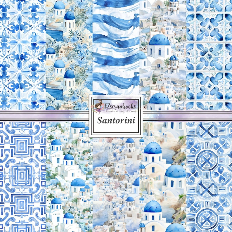 May include: A digital paper pack with 10 seamless patterns featuring blue and white watercolor designs of Greek architecture, geometric patterns, and stripes. The text "EZscrapbooks" and "Santorini" is included in the image.