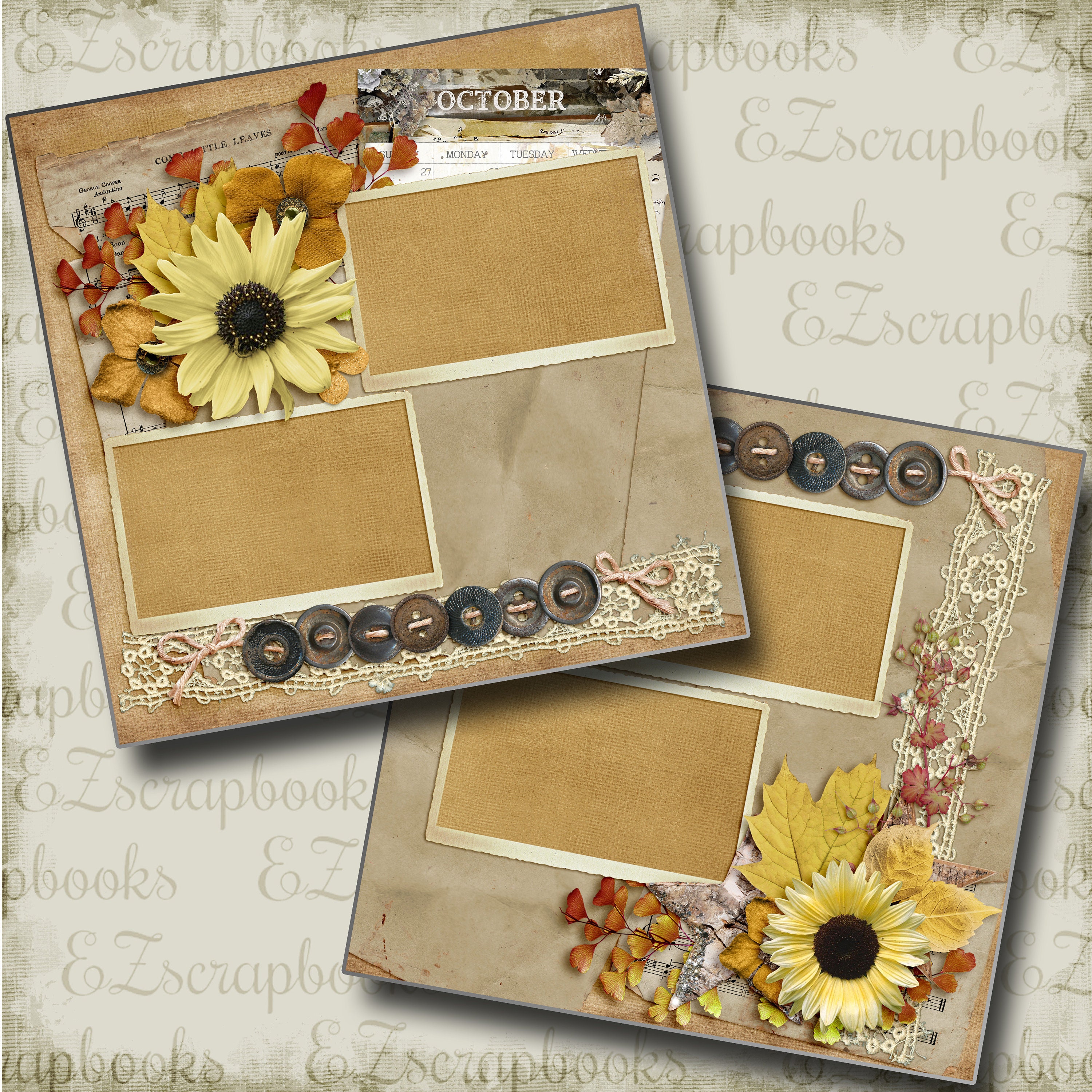 Loose-leaf Flowers - 2 Premade Scrapbook Pages - EZ Layout 5750