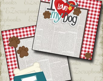 May include: A digital scrapbook paper design featuring a red and white gingham pattern, a newspaper background, and a graphic that says "I Love My Dog" with a red heart and paw prints.