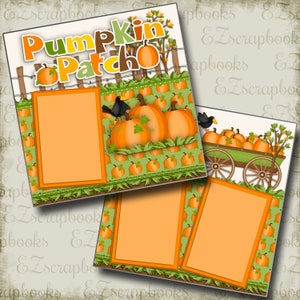 May include: A digital scrapbook page with a pumpkin patch theme. The page has two photo frames, one large and one smaller. The page is decorated with pumpkins, crows, and a fence. The text "Pumpkin Patch" is at the top of the page.