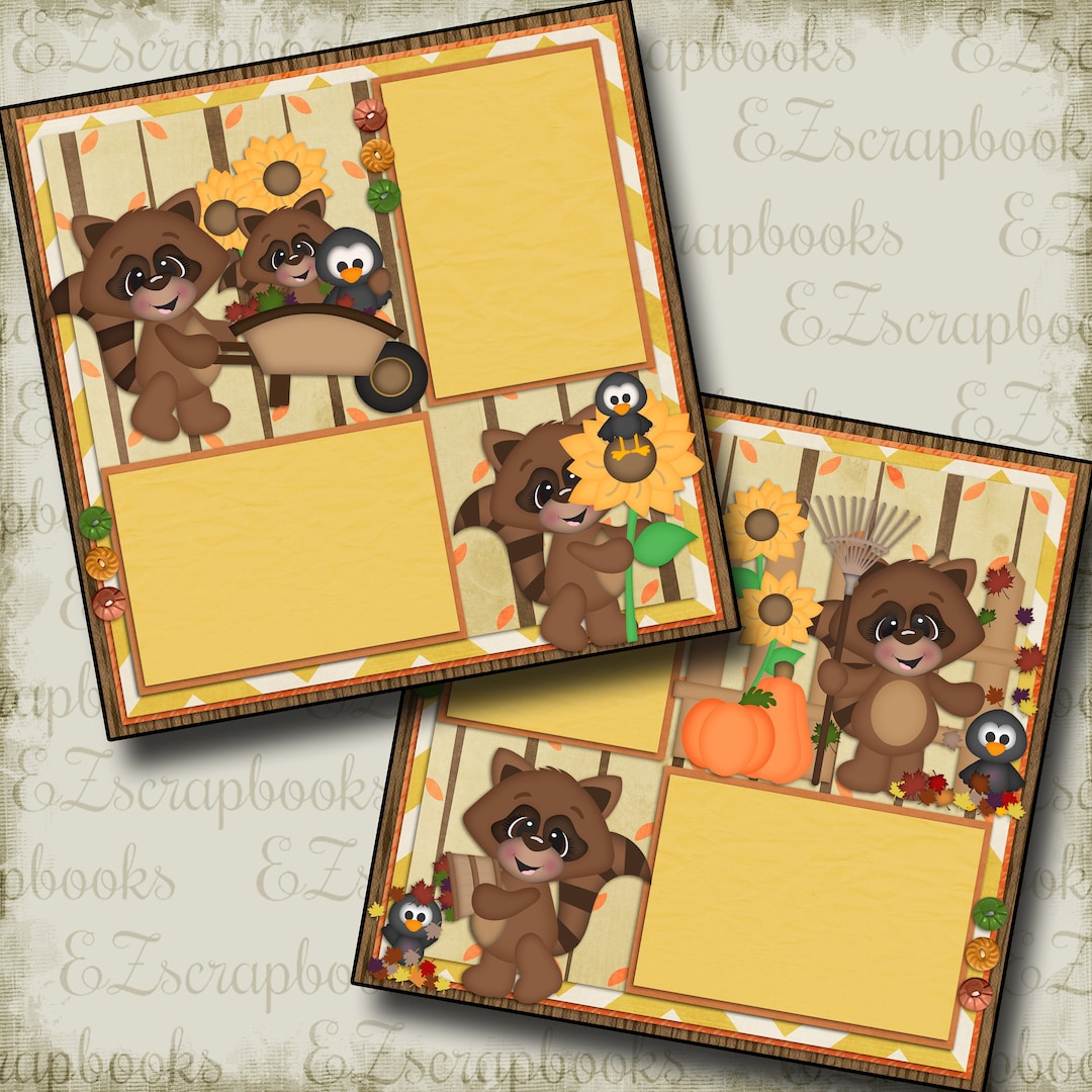 FALL Day RACCOONS - 2 Premade Scrapbook Pages - EZ Layout 429 - Etsy