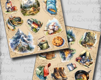 May include: Watercolor illustrations of camping and hiking elements, including a tent, mountains, a sleeping bag, a lantern, a backpack, and hiking boots. The images are arranged on a textured, tan background.