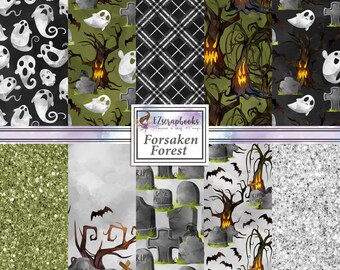 May include: A digital paper pack with 10 Halloween themed patterns. The patterns include ghosts, trees, tombstones, bats, and glitter. The title of the pack is "Forsaken Forest".