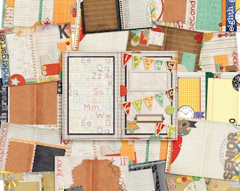 May include: A collage of colorful scrapbook paper with different grade levels, including kindergarten, first grade, second grade, eighth grade, junior, freshman, and senior. The papers feature various designs, including alphabet letters, numbers, and school-themed illustrations.