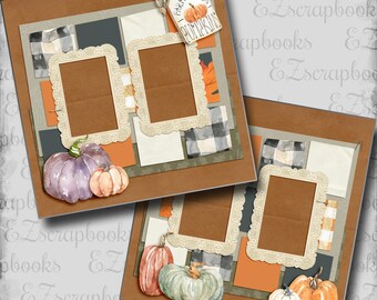 Puede incluir: Un diseño de papel digital para scrapbooking con un fondo marrón con un patrón a cuadros, un borde de encaje y una etiqueta que dice "Farm Fresh Pumpkins". El diseño también incluye una variedad de calabazas en diferentes colores y tamaños.