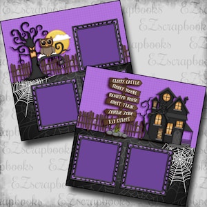 May include: Purple scrapbook paper with black and white spiderwebs, a black and brown fence, a black house with yellow windows, and a black tree with an owl. The paper has a grid pattern and the text "CREEPY CASTLE, SPOOKY WOODS, HAUNTED HOUSE, GHOST TRAIN, ZOMBIE ZONE, RIP STREET".