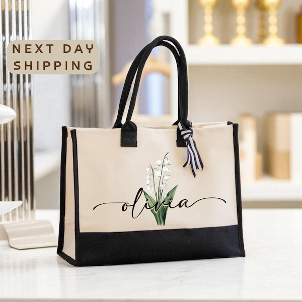 Custom Birth Month Canvas Tote Bag, Personalized Flower Tote, Birthday Gift Tote, Monogram Tote, Name Tote Bag