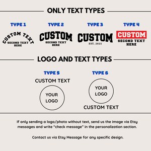 text and logos related to custom text types and logo and text customization. It provides instructions for sending a logo/photo without text, sending the image via Etsy messages, and writing a personalized message in the customization section.