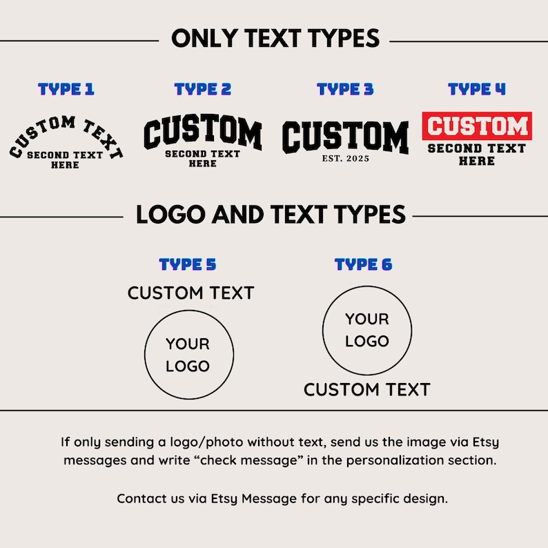 text and logos related to custom text types and logo and text customization. It provides instructions for sending a logo/photo without text, sending the image via Etsy messages, and writing a personalized message in the customization section.