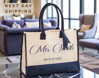 Mrs. Last Name Est Year Tote Bag Personalized Date Wedding Tote Bridal Shower Gift Honeymoon Gift Customized Wedding Gift Bridesmaid Gift
