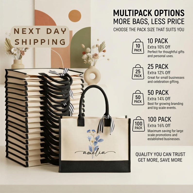 a stack of books and a handbag, with text providing information about the multipack options available for purchase.