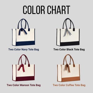 Color chart for tote bags, including navy, black, maroon, and coffee bags.