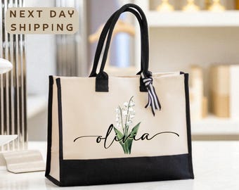 Custom Birth Month Canvas Tote Bag, Personalized Flower Tote, Birthday Gift Tote, Monogram Tote, Name Tote Bag