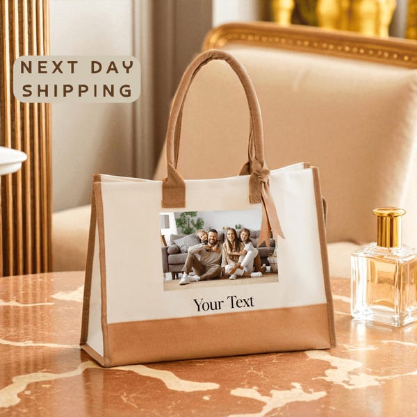 Family Photo Tote Bag with Custom Text and Name, Gift for Family and Loved Ones, Personalized Gift
