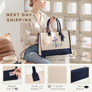 The image is a collage of four photos featuring a woman holding a large tote bag with various details and measurements provided.