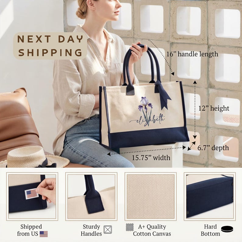 The image is a collage of four photos featuring a woman holding a large tote bag with various details and measurements provided.