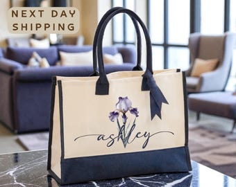 Custom Birth Month Flower Tote Bag, Personalized Floral Gift, Birthday Month Tote, Name Tote Bag, Flower Lover Gift