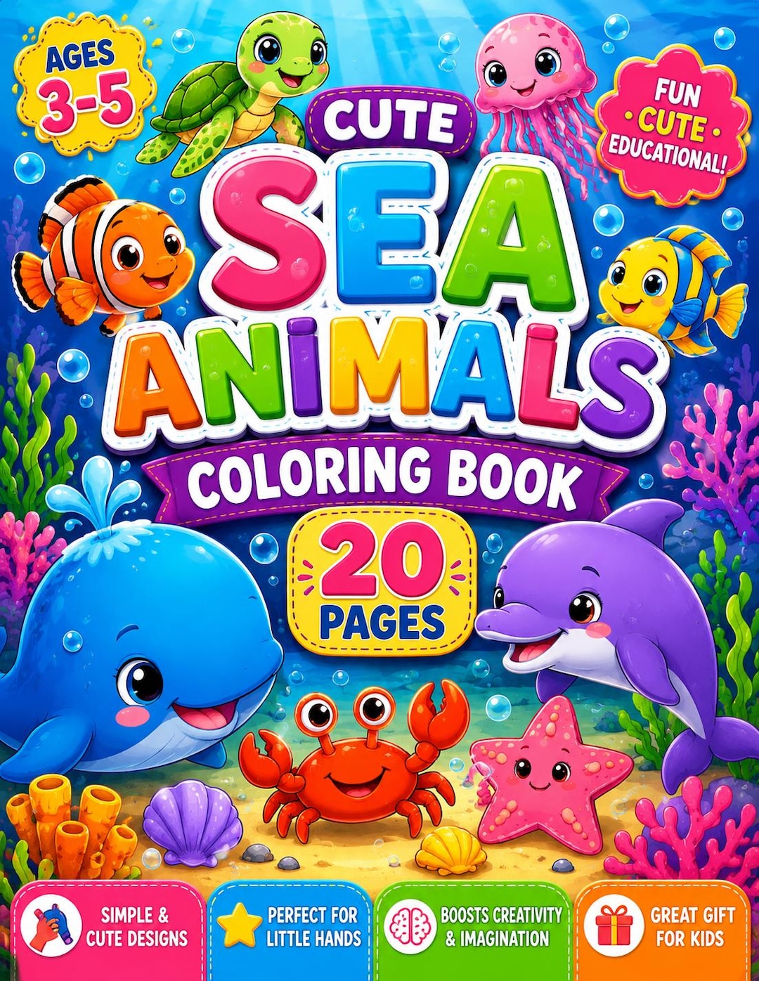 Cute Sea Animals Kids Coloring Book Ages 3-5 | Ocean Animal Coloring ...