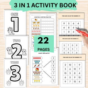 May include: A 22-page 3 in 1 activity book featuring black and white worksheets for counting and writing practice. The pages include unicorn and cupcake illustrations, number tracing exercises, count and match tasks, and find and color number grids.