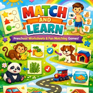 Może przedstawiać: Kolorowa gra edukacyjna dla dzieci zatytułowana "Match and Learn" z uśmiechniętym słońcem, tęczą i gwiazdami. Gra zawiera działania dopasowujące z kształtami, zwierzętami i przedmiotami. Zawiera również tekst "Preschool Worksheets & Fun Matching Games!"