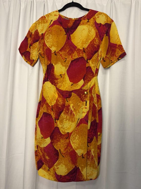 Liz Claiborne, Vintage 80s 90s Liz Claiborne Silk Pear Apple Fruit Print Faux Wrap Dress Size 6