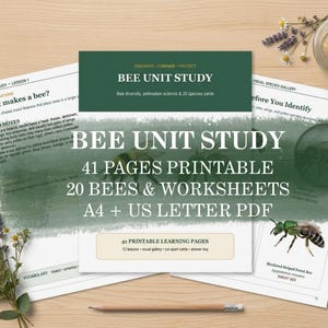 Könnte beinhalten: Ein ausdruckbares Bee Unit Study Lernset mit 41 Seiten, 20 Bienenarten-Karten und Arbeitsblättern. Das Deckblatt zeigt den Text BEE UNIT STUDY, 41 PAGES PRINTABLE, 20 BEES & WORKSHEETS, A4 + US LETTER PDF in Weiß und Dunkelgrün.