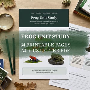 May include: A Frog Unit Study printable science kit featuring 34 pages in A4 and US Letter PDF formats. The cover displays text including Frog Unit Study, 34 Printable Pages, and A4 + US Letter PDF, alongside images of a red frog and a green frog.