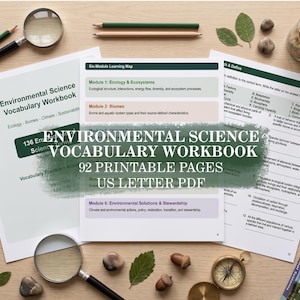 Könnte beinhalten: Ein Arbeitsbuch für Vokabeln der Umweltwissenschaften mit 92 druckbaren Seiten im US-Letter-PDF-Format. Das Dokument enthält sechs Lernmodule zu Ökologie, Biomen und Umweltschutz, dargestellt neben einer Lupe und verschiedenen Bleistiften.