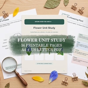 Może przedstawiać: Zestaw edukacyjny Flower Unit Study zawierający 36 stron do druku w formatach A4 i US Letter PDF. Arkusze zawierają diagramy zatytułowane Parts of a Flower oraz Parts of a Flowering Plant, z ilustracjami kwiatów, liści i korzeni.