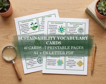 May include: Two white sheets of paper featuring sustainability vocabulary cards with green borders and illustrations. The text reads: SUSTAINABILITY VOCABULARY CARDS, 42 CARDS - 7 PRINTABLE PAGES, A4 + US LETTER PDF. Includes definitions for terms like Just transition and Adaptation.