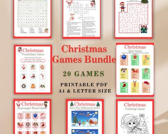 May include: A collection of Christmas games, such as word search, crossword, maze, vocabulary, scavenger hunt, spot the difference, quiz, and a coloring game. The bundle contains 20 printable PDF games in A4 and Letter size, with red borders and festive illustrations.