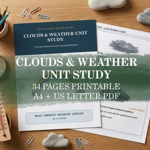 Könnte beinhalten: Ein druckbares Clouds & Weather Unit Study PDF mit 34 Seiten in A4 und US Letter. Das Deckblatt zeigt einen Regenbogen und den Text Clouds & Weather Unit Study, Observe-Identify-Measure-Record sowie Read-Observe-Measure-Explain.