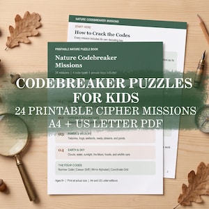 May include: A printable nature puzzle book titled Nature Codebreaker Missions featuring 24 cipher missions, A4 and US Letter PDF formats, and sections on garden, ponds, and earth, accompanied by a magnifying glass, compass, and acorns.