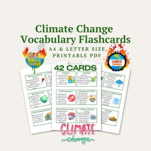 May include: A collection of climate change vocabulary flashcards. The cards feature colourful illustrations and text, with terms such as "Greenhouse Effect" and "Ocean Acidification." The title "Climate Change Vocabulary Flashcards" is displayed at the top.