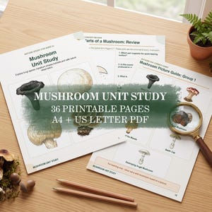 May include: A Mushroom Unit Study educational packet consisting of multiple printed pages featuring botanical illustrations of various fungi, diagrams, and text. A magnifying glass with a wooden handle rests on the pages alongside two pencils.