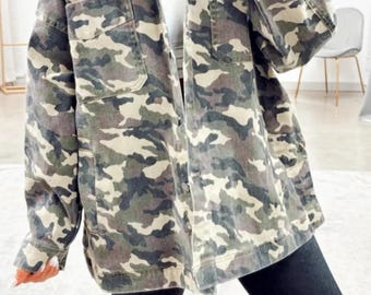 Green Camo Chest Pockets Loose Denim Jacket