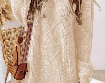cream cable knit sweater dress AWARE Chunky oversized in cream-White Embrace the winter season with this essential piece from AWARE. Oatmeal Cable Knit Drop Shoulder