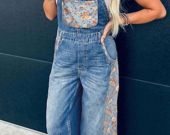 Peacock Blue Floral Patchwork Bib Denim Wide Leg Overalls
