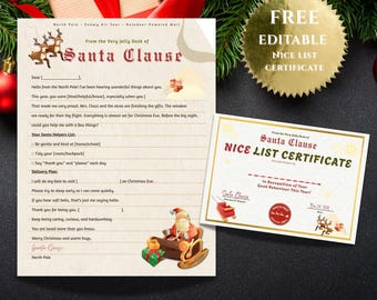 May include: A Christmas-themed image showing a letter from Santa Claus and a "Nice List Certificate." The letter features reindeer and Santa in his sleigh. The certificate has a gold border.