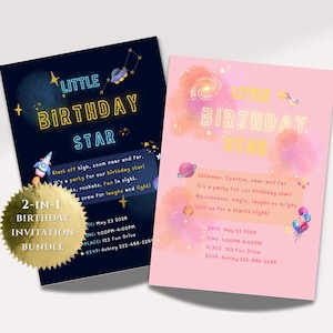 May include: Two birthday party invitations. One is navy blue with a rocket ship and the text "Little Birthday Star". The other is pink with a planet graphic and the same text. A gold foil sticker says "2-IN-1 Birthday Invitation Bundle".